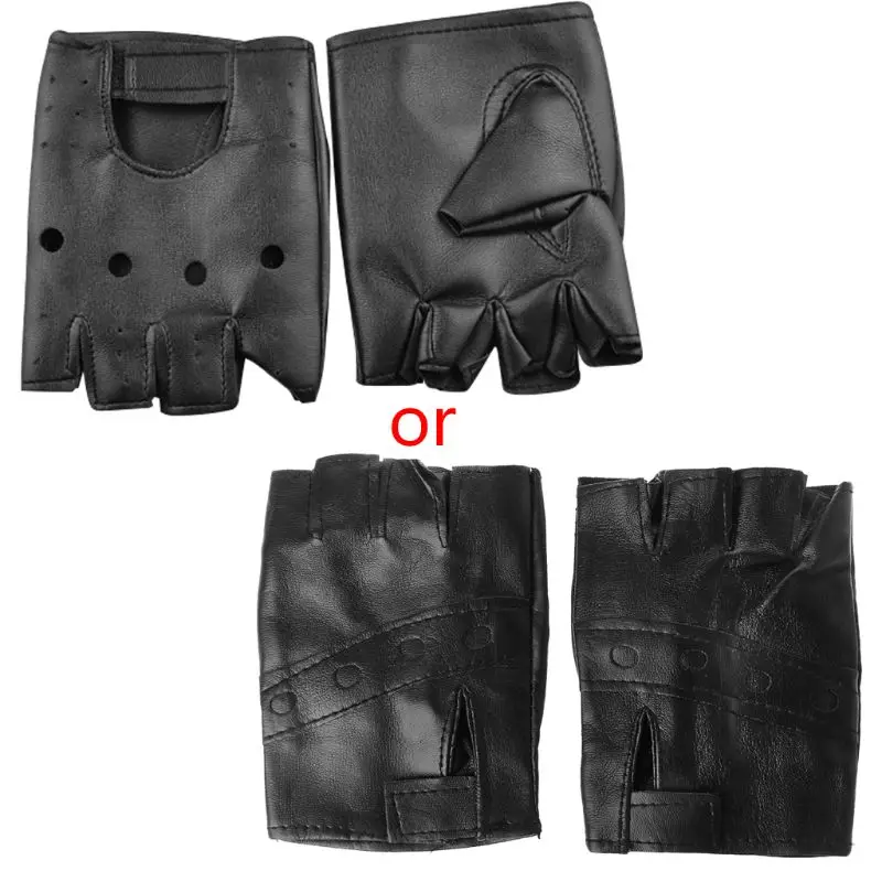 Men Women Black Faux Leather Fingerless Gloves Punk Motorcycle Mittens