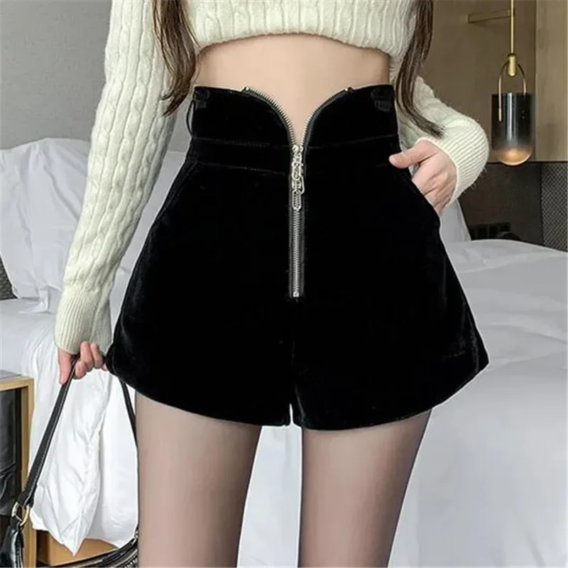 

Black Vintage Golden Velvet Women's Shorts With Zipper Autumn Winter Casual HIgh Waist Irregular Velour Short Pants