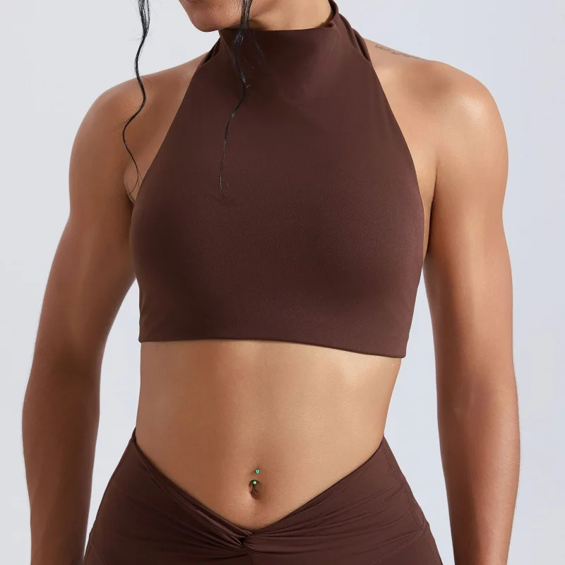 FUBEIKE High Neck Yoga Nude Feel Beauty Back Vest With Chest Pads Casual Fitness Sports Bra Tight-Fitting Shockproof Top