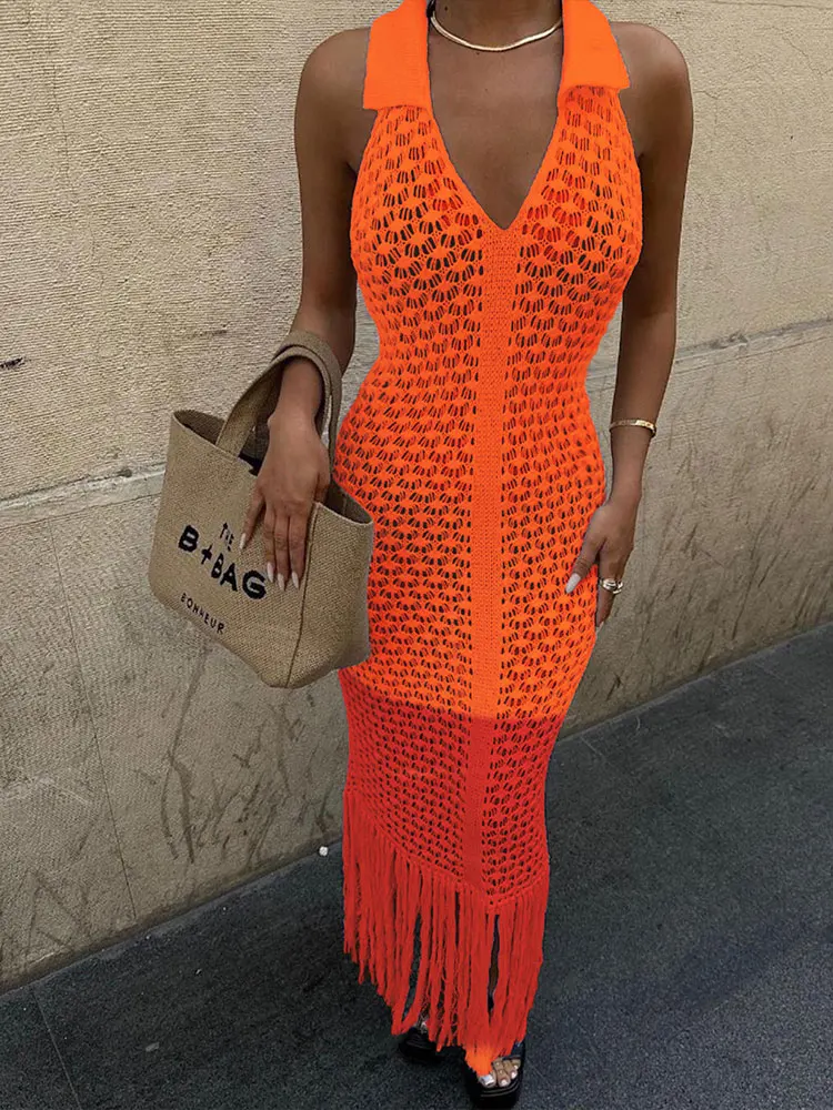 Kliou Gebreide Sexy Vrouwen Maxi Jurken Mode Prachtige Panelen Revers Lage Hals Mouwloos Kwastje Schede Lange Gewaad Mujer Clubwear