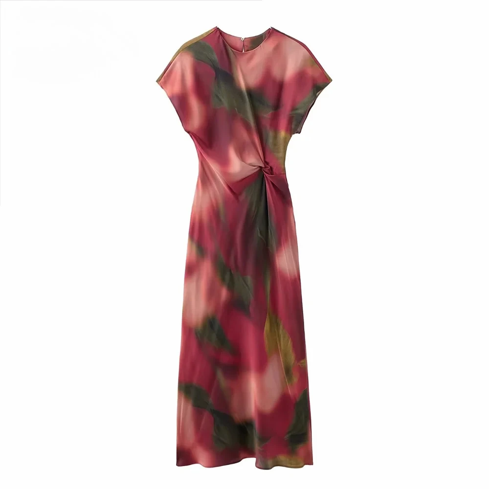2025 primavera verão novas mulheres em torno do pescoço cintura seda cetim textura impresso midi vestido casual solto vestidos femininos