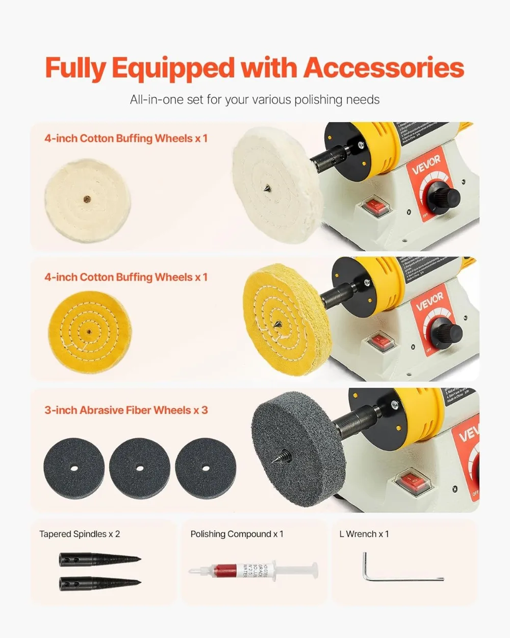 1/2HP Bench Buffer Polisher, 0-8000RPM with Cotton Wheels & Abrasive Wheels for Metal Jewelry Wood