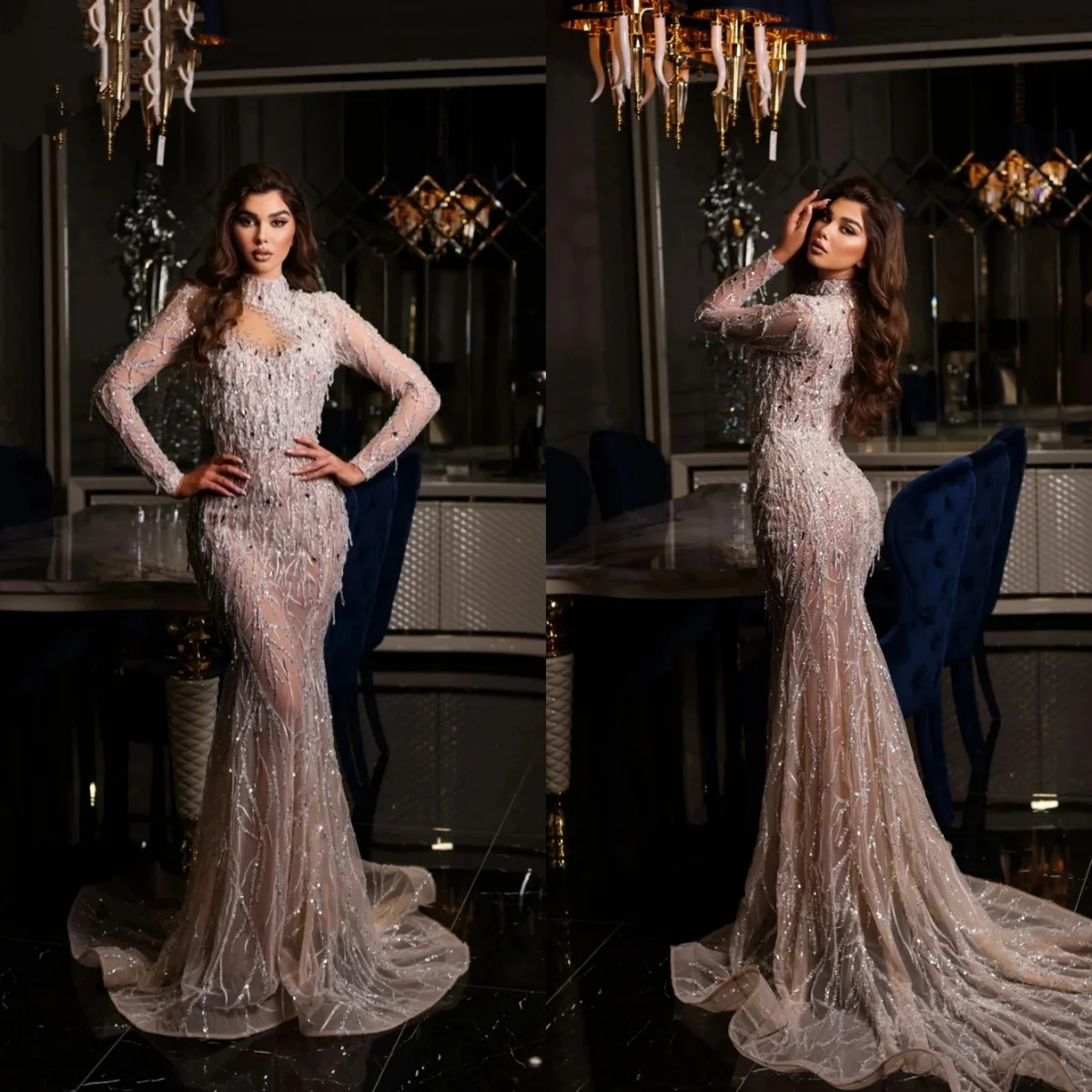 Luxury Mermaid Wedding Dresses Sequins Beaded O Neck Bride Dress Illusion Long Sleeve Sweep Train Bridal Dress Customized