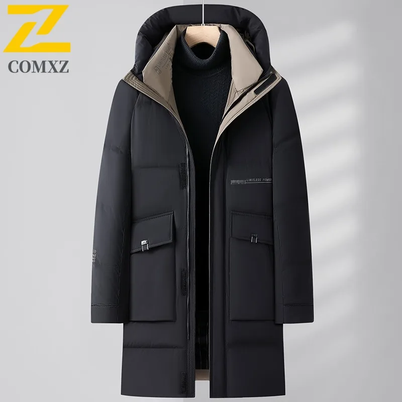 COMXZ New Puffer Coat Men Hooded Outdoor Hiking Waterproof Coat Casual Mountaineering Warm Cold Protection Mid Long Garment 2025