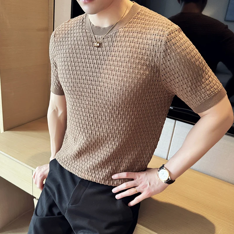 Summer Ice Silk Hollow Knitted T-shirts Men Round Neck Short Sleeve T-shirt Men's Elastic Round Neck Casual Business Tee Tops