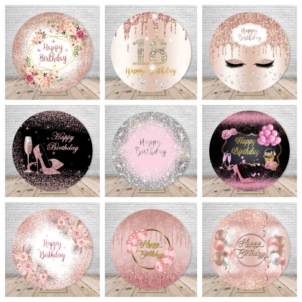 Pink Birthday Round Background Cover Gold Flash Floral Adult Girl Portrait Custom Background Photography Studio Supplies