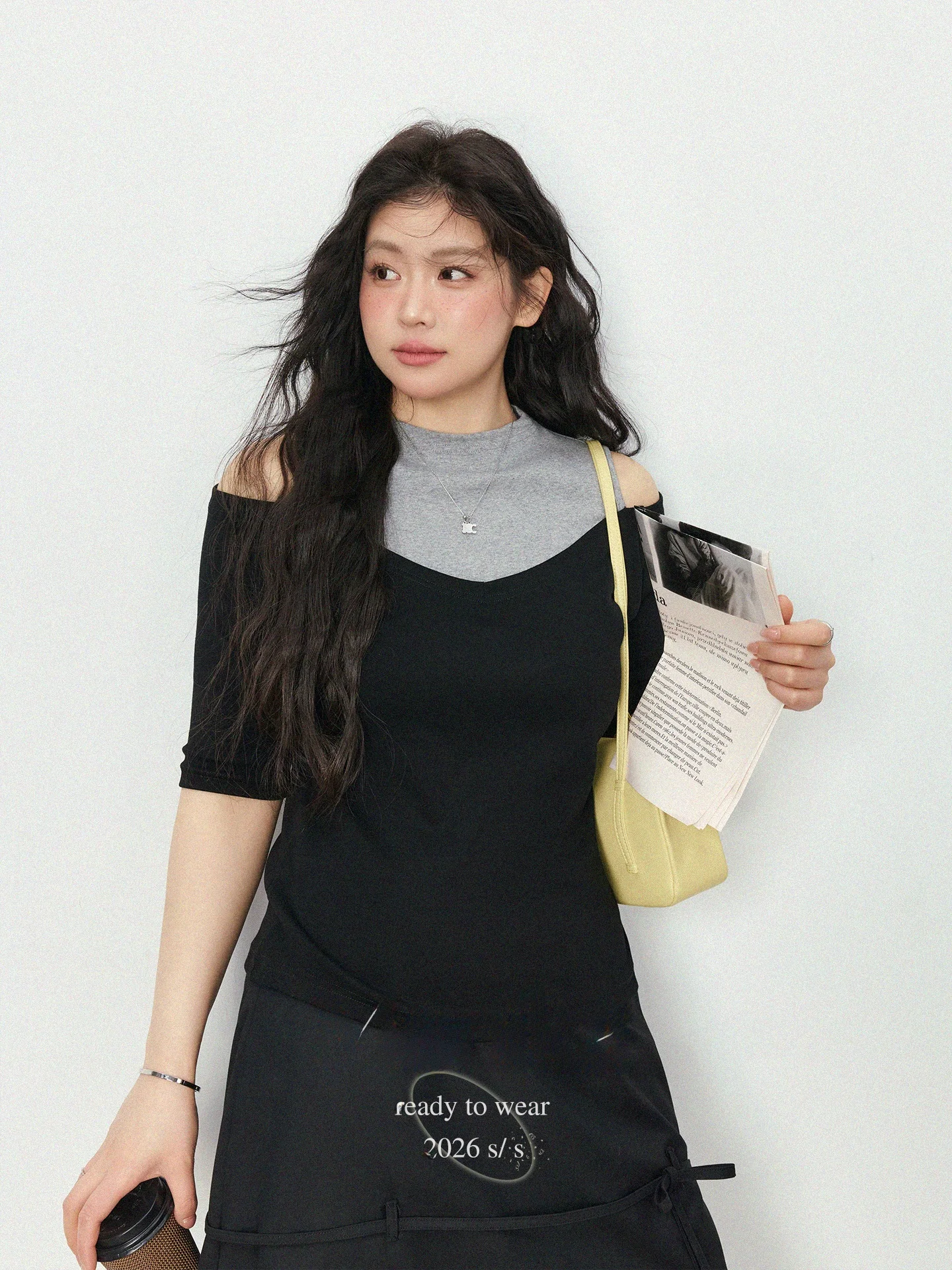 

plus Size Women's T-Shirt Shoulder Bared Half High Collar Summer Slimming Inner Wear Base Shirt Color Block Top Casual Style