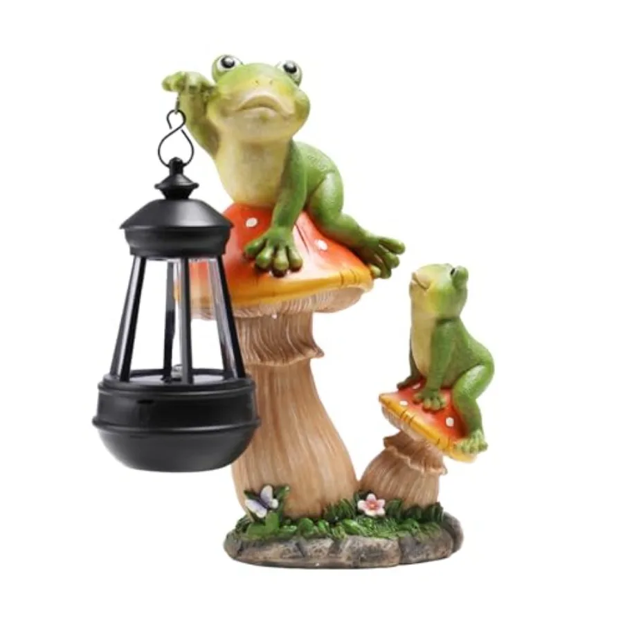 Estatua de Jardín Grande y Divertida, Figura de Resina de Personaje Escalando sobre un Hongo y Sosteniendo una Linterna LED Solar, Adorno para Patio, Jardín y Césped