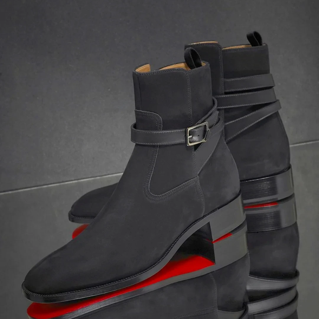 

Gentleman Business Vintage Style Belt Buckle Short Boots For Men Suede Black Brown Leather Mature Botas Male Footwear Size 40-48