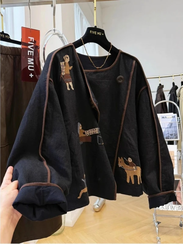 

Loose Fit Linen round Ne Embroidered Jaet Men's Sle Heavy Du American Design Autumn Outerwear Casual Long Sve irt