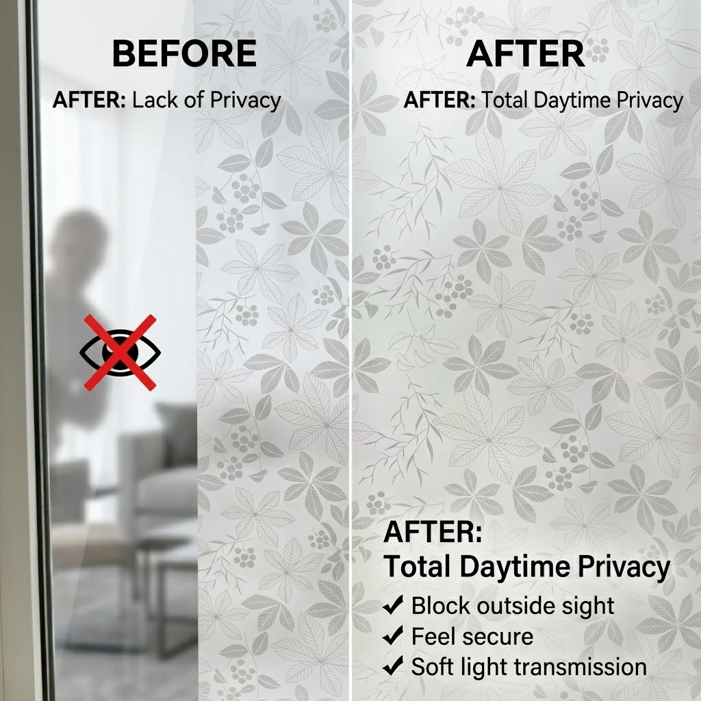 Leaf Berry Pattern Privacy Window Film Self-Adhesive Opaque Frosted Glass Sticker for Home Bathroom Kitchen Office Anti-UV