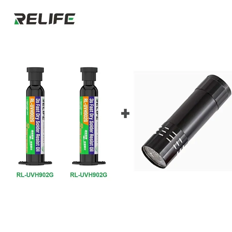 RELIFE RL-UVH902 Schnell Härtender UV-Lötmaskenöl + UV-Härtungslicht 3S Schnelltrocknungs-Kit für Handy-PCB-BGA-Kabelreparatur