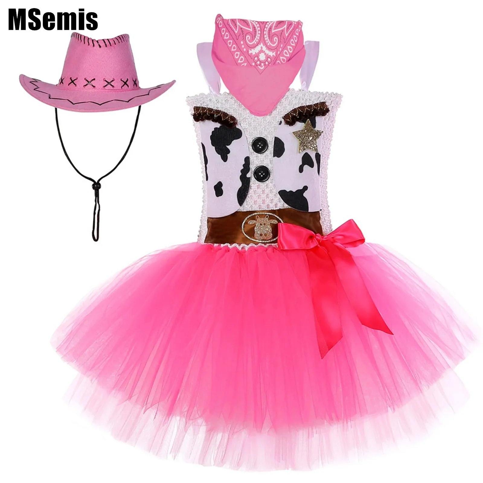 

Kids Girls Halloween Cowgirl Costume Outfit Straps Sleeveless Cow Print Tutu Dress with Felt Drawstring Hat Set for Performance