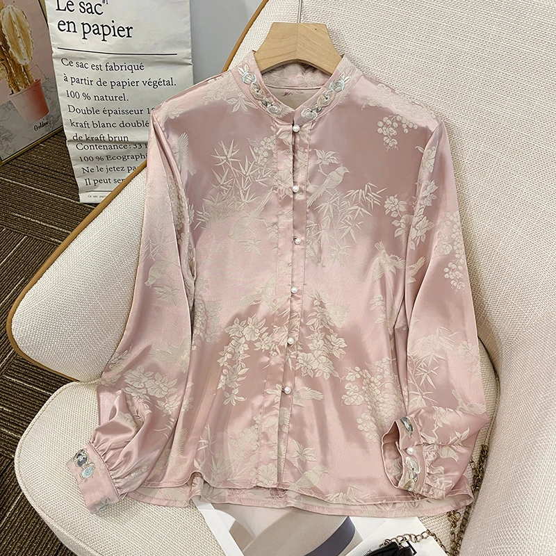 

Ele Pearled Embroidered irt Chinese Sle National Trend Slim Fit Long Sve Stand Collar Regular Length Faionable Top