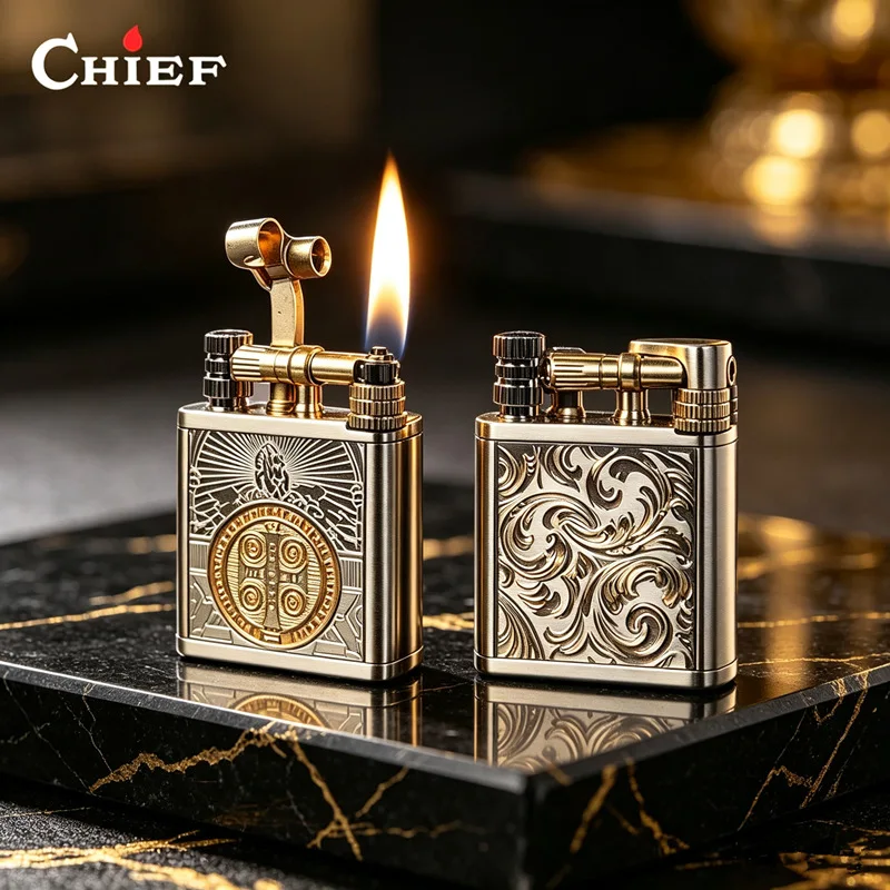 Chief 329 New Constantine Carved Kerosenes Lighter Classic Flip Cover Side Sliding Ignition Cigarette Accessories Men's Gift