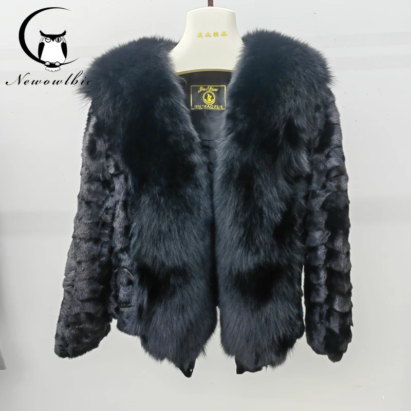 

New Women Winter 100% mink Fur Warm Coat Full fox fur placket Fashion Short Pluffy Fur Jacket Femme black Real fur coat