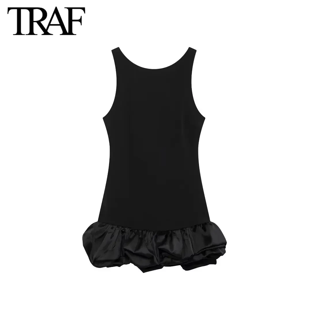 TRAF Women Fashion Summer New Solid Backless Round Neck Sleeveless Fold Back Zip Mini Dress French Chic Female Evening Clothing