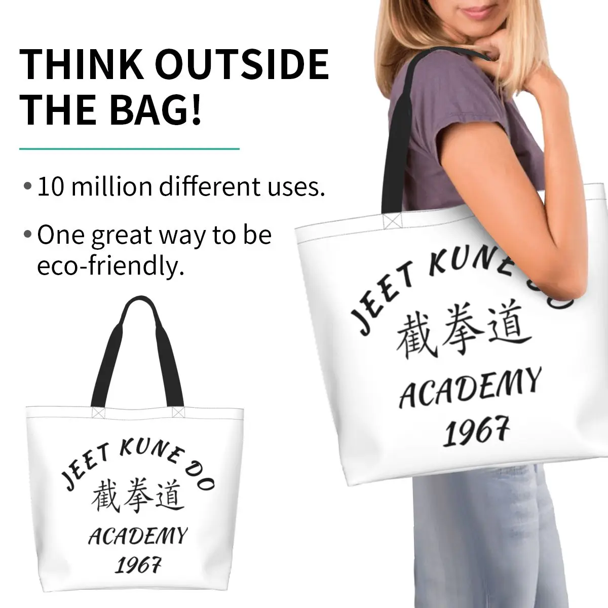 Jeet Kune Do Shirt Martial Arts JKD Academy Shopping Tote Bag Canvas Shoulder Bags Shopper Grocery Handbag for Women