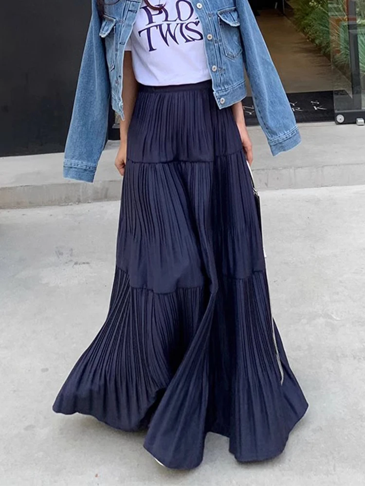 Ele Hoge Taille A-lijn Midi Rok Dames Kleur Geplooid Lange Knielange Lente Faion Plus Size F-lengte Rok