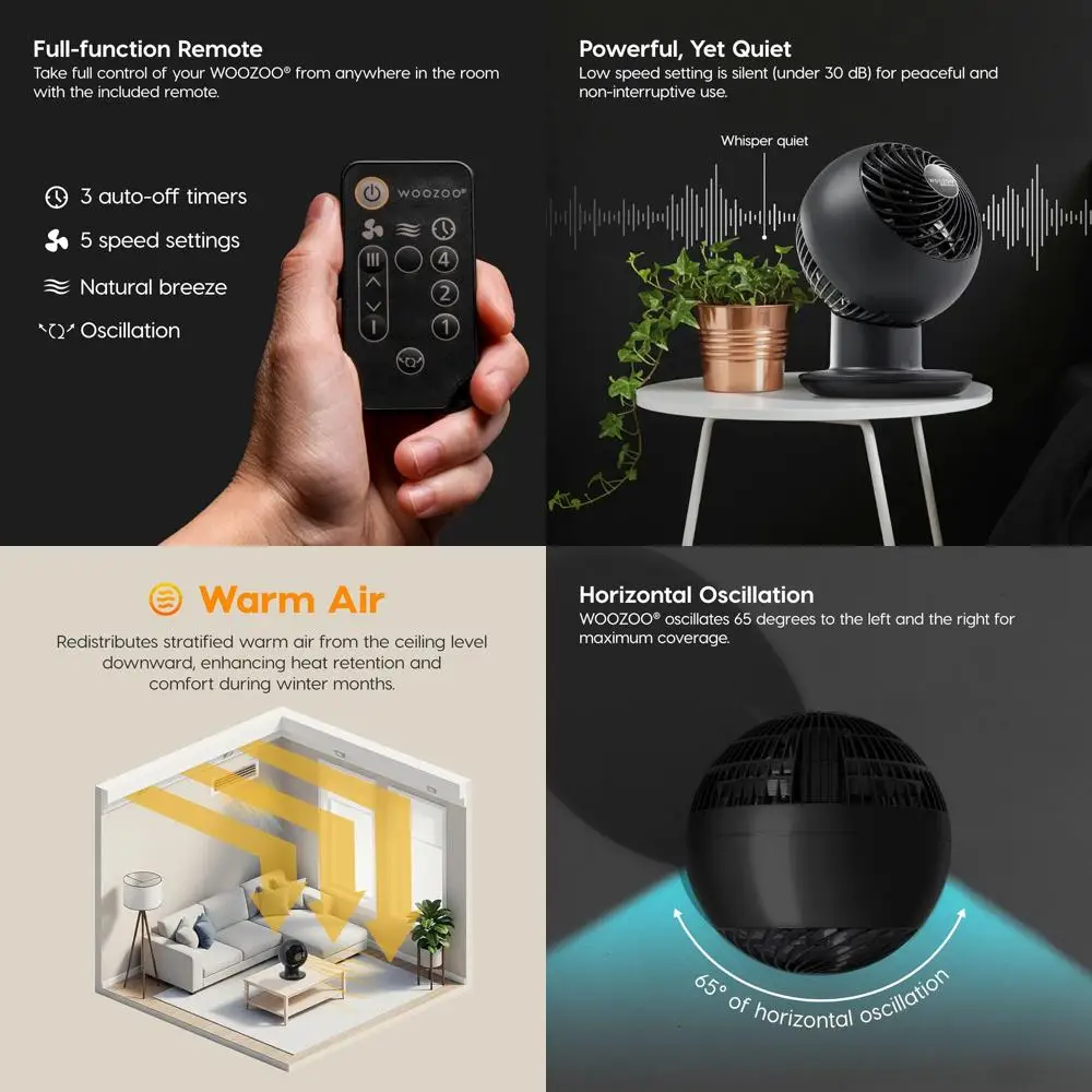 

Air Circulator Fan with Remote, Oscillation, 5-Speed Settings, 82t Max Airflow, 90° Adjustment, 30db Quiet Operation, Ideal for