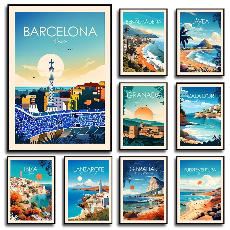 Vibrant España paisaje urbano pared arte impresión Barcelona Madrid Valencia viaje cartel moderno minimalista paisaje decoración para sala de estar