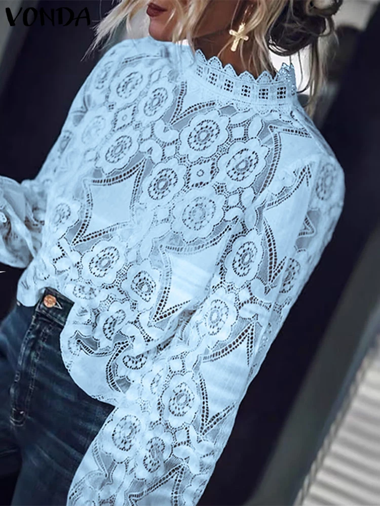 

VONDA Women Lace Tops Summer Beach Style Shirts Casual Hollow Out Blouse 2025 Bohemian Loose Shirts Oversized O-Neck Blusas