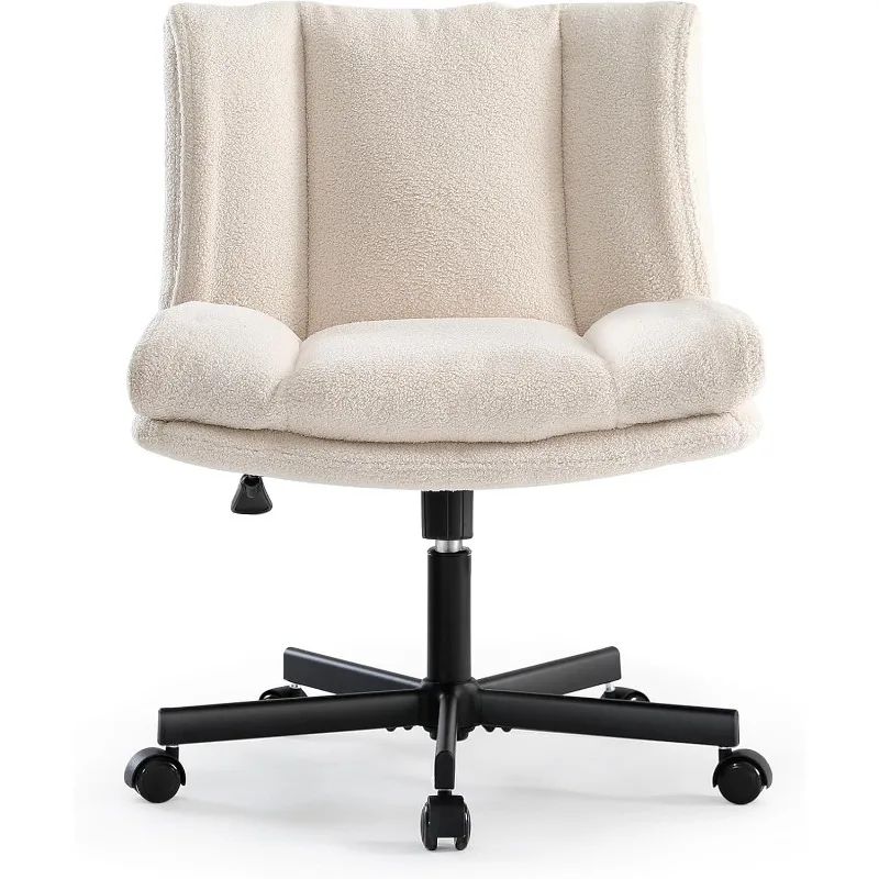 Armless Desk Chair,  with Wheels and Furry, for Home, Office, Make Up, Bed Room - Cream White