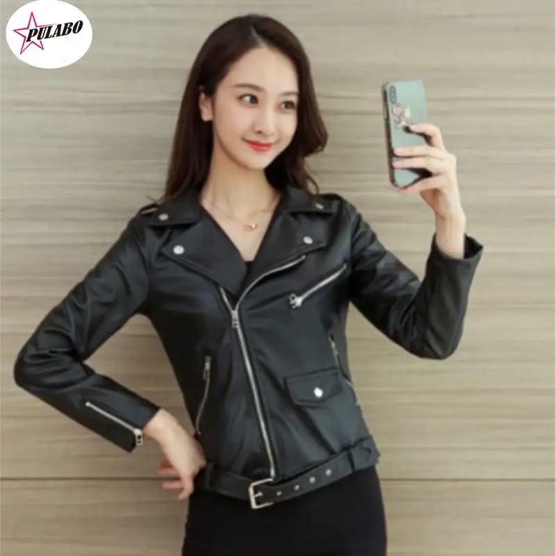 

PULABO y2k Fashion Women Smooth Motorcycle Faux Leather Jackets Ladies Long Sleeve Autumn Winter Biker Streetwear Black Coat