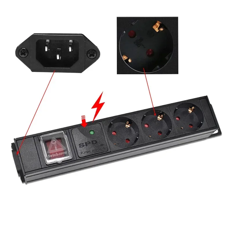 

German Socket PDU Power Strip Distribution Unit Cabinet 3 AC Break Switch Aluminum alloy shell C14 Interface Surge protection