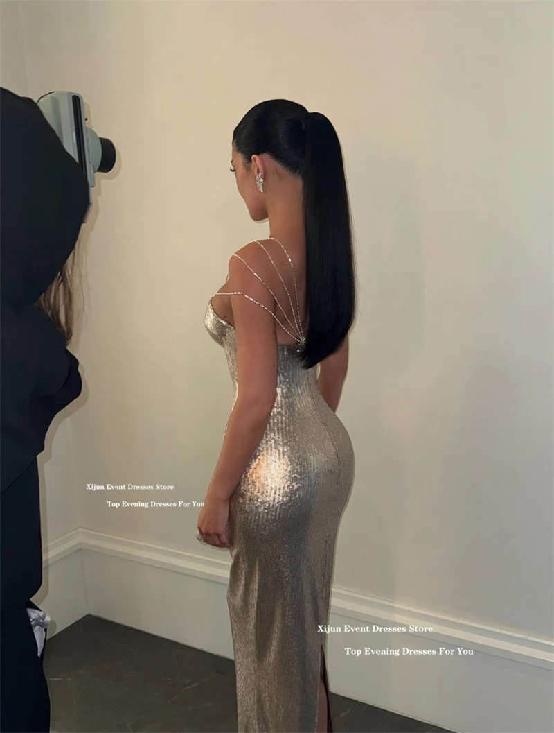 Xijun Sexy Silver Mermaid Evening Dresses Sequined Sleeveless Beads Long Prom Dresses Sweetheart Formal Prom Gowns Customized image 4
