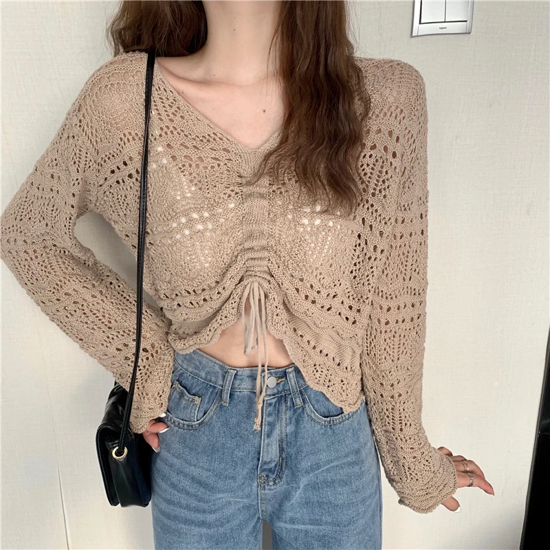 Crochet Knit Top Drawstring Lace-up Hollow Shirt Long Sleeved V-neck Crop Top Solid Hotsweet Women Korean Reviews Many Clothes