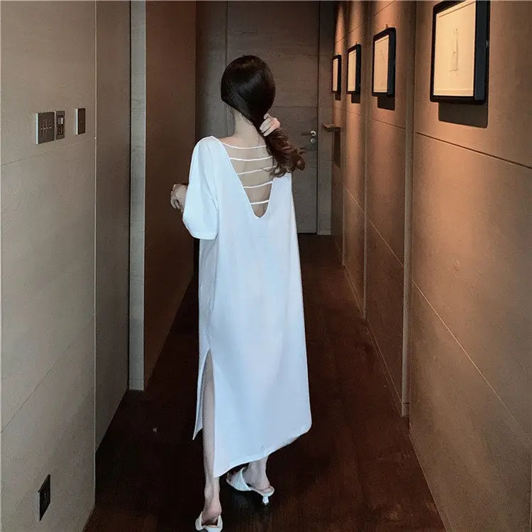 

Off-The-Back V-Neck Dress Long Slit Dress Summer New Short Sleeve V Neck Hollow Out Vintage Dress Trend Fashion Women Clothing