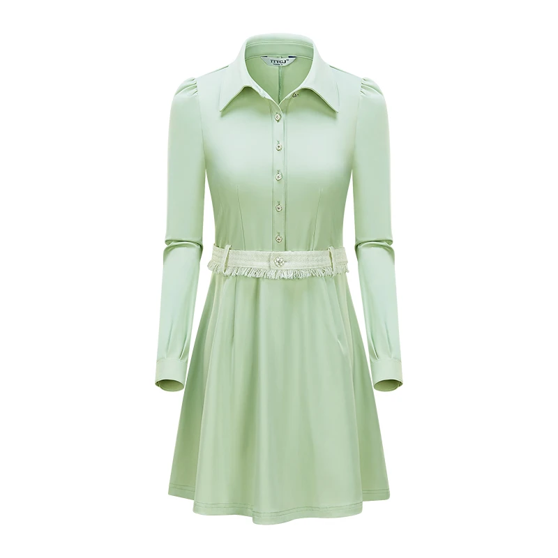 TTYGJ Golf Women's Long Sleeves  Mid Length Waist Wrapped Style Shirt  High Grade Small Fragrance Solid Color Shirt Dress