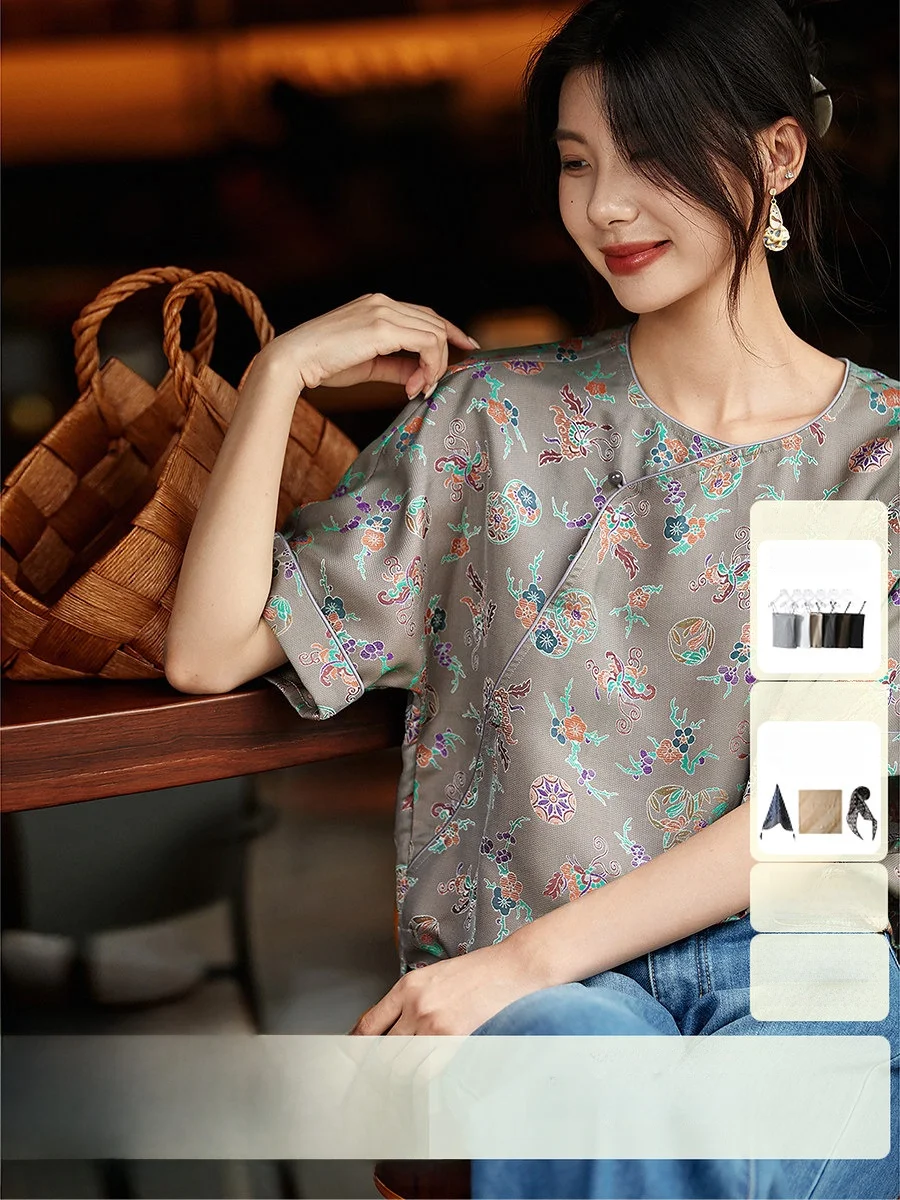

Ele New Chinese Sle round Ne Silk Blouse Women's Small Top Miscellaneous Treasure Asymmetrical Sve Design