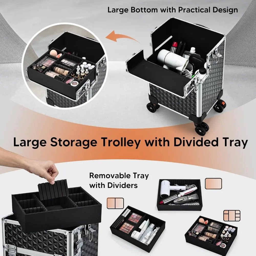 3-in-1 Rolling Makeup Case on Wheels, Large Cosmetic Trolley for Salon, Barber, Nail Tech, Hairstylist, MUA, Black view 4