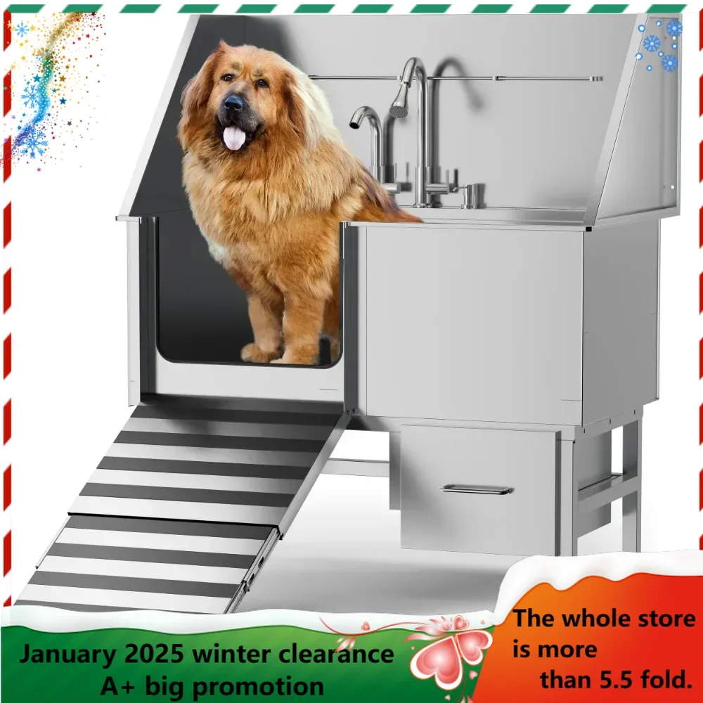 Professional stainless steel dog washing table-with ramp, storage drawer, grille and faucet basin-domestic dog washing table