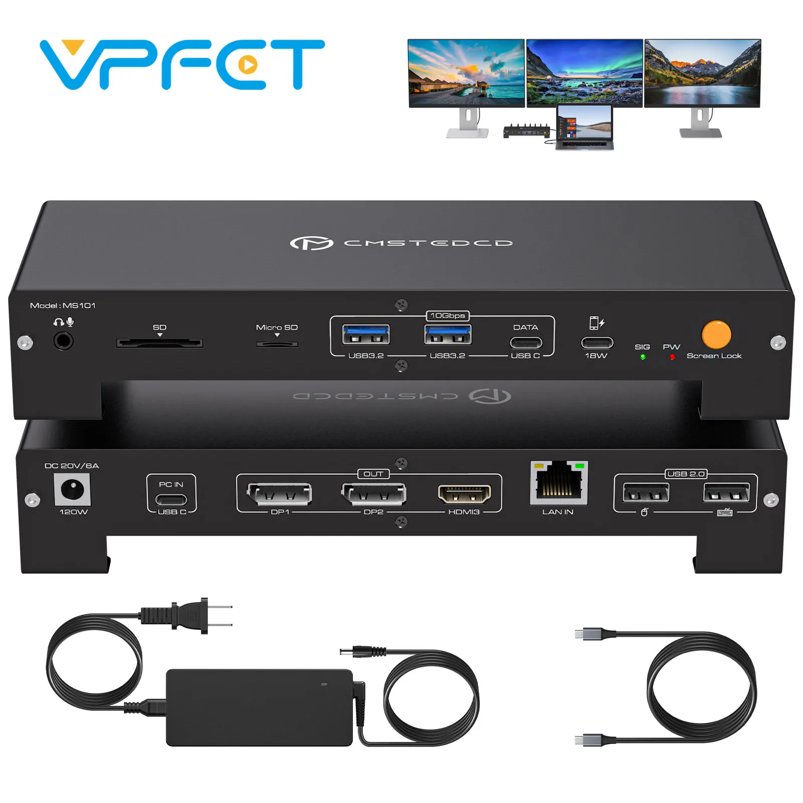

USB C KVM Docking Station Triple Display 4K@60Hz 1 PC Shared 3 Monitors with PD Charging HDMI DP 1000M Ethernet USB 3.2 SD TF