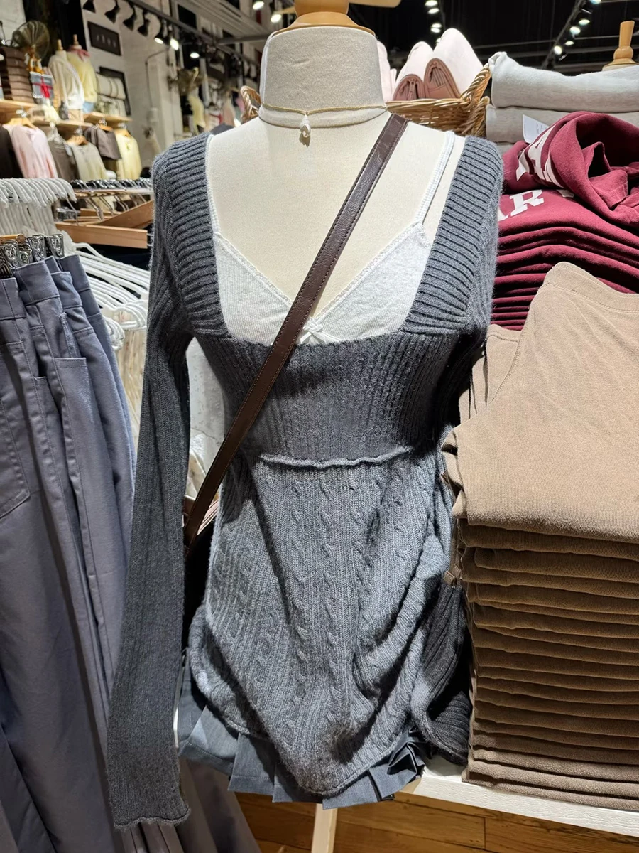 

Twisted Flower Dark Grey Sweaters Woman Square Neck Raw Hem Long Sleeve Pullover Top Vintage Preppy Style Sweet Cotton Knitwear