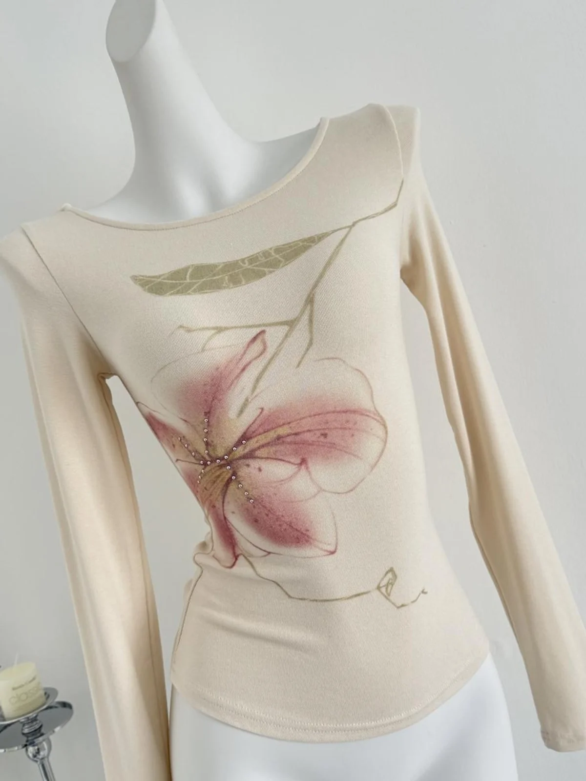 

Ele Long Sve T-irt Women's Spring Autumn Slim Fit Printed Rhinestone Unique Faion Top Korean Sle Cotton Blend