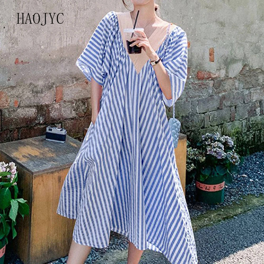 여름 V넥 핑크 스트라이프 드레스 루즈핏 미디 기장 롱 스커트 여성용 우아한 보헤미안 드레스