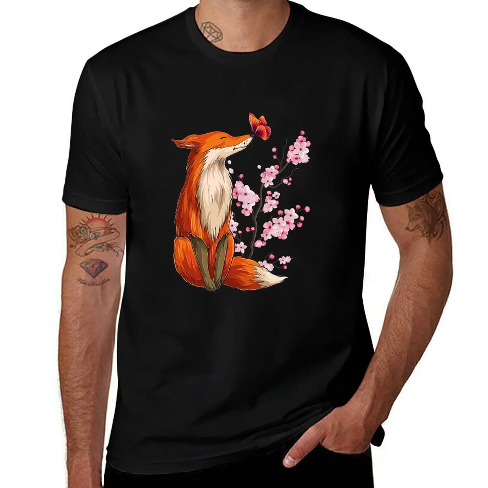 Japanese Fox Cherry blossom Flower sakura trees Kawai T-Shirt Halloween Casual T-Shirt