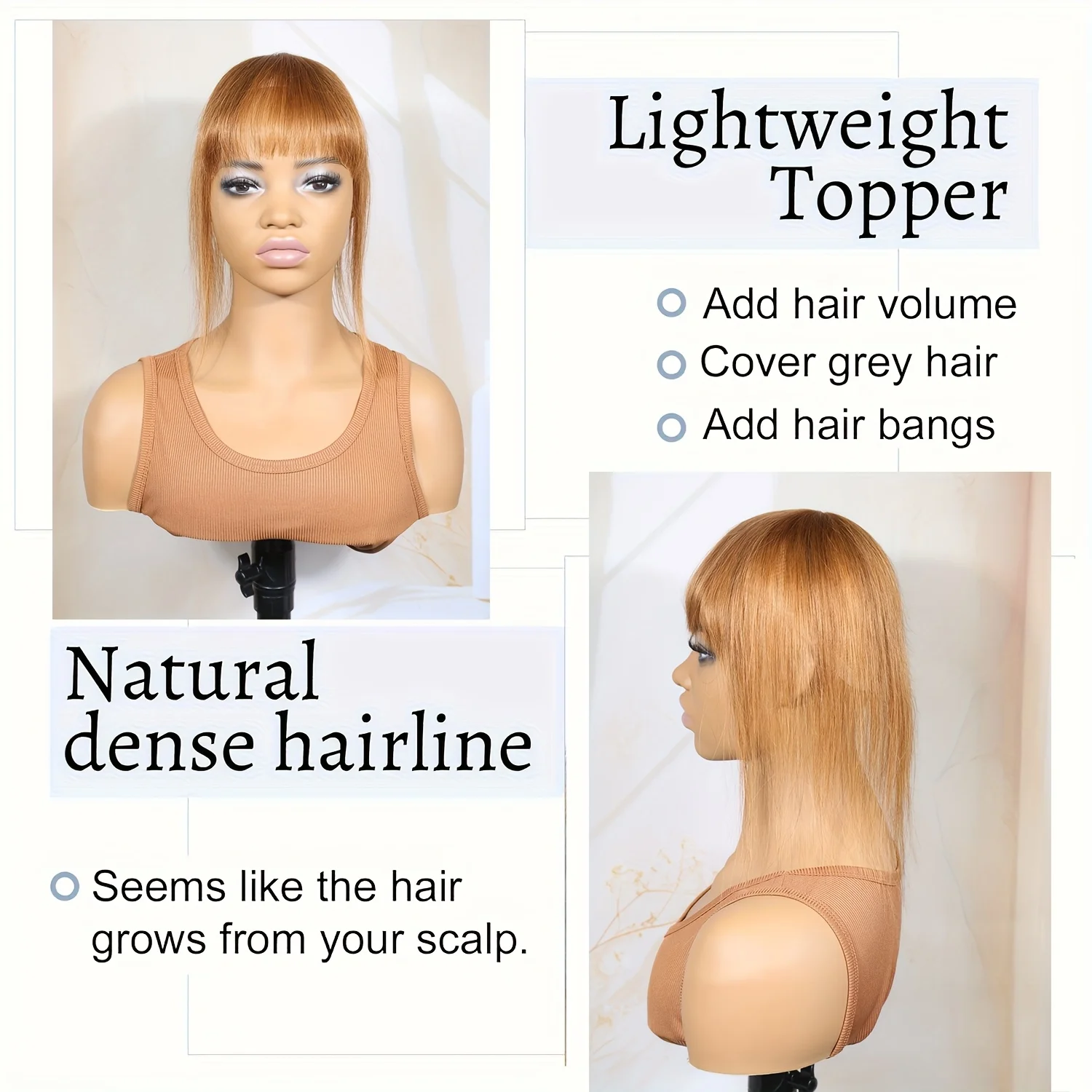 #30 Color Topper Hair Clip with Bangs for Women Clip in Hair Extensions,Straight Human Hair Top Hair Wig Piece for Thinning Hair view 5