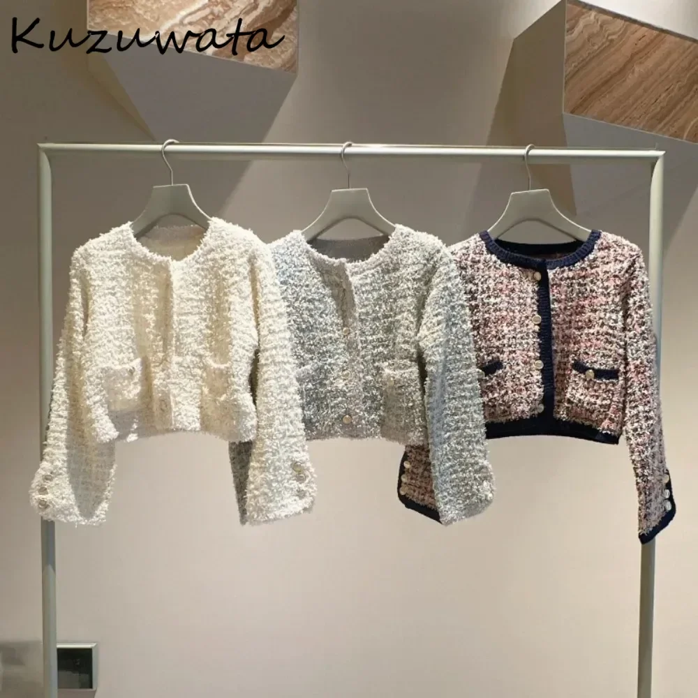 Kuzuwata Sweet O Neck French Style Tweed All-match Jacket Knit Small Fragrance Casual Cardigan Japan Moda Panelled Veste Femme