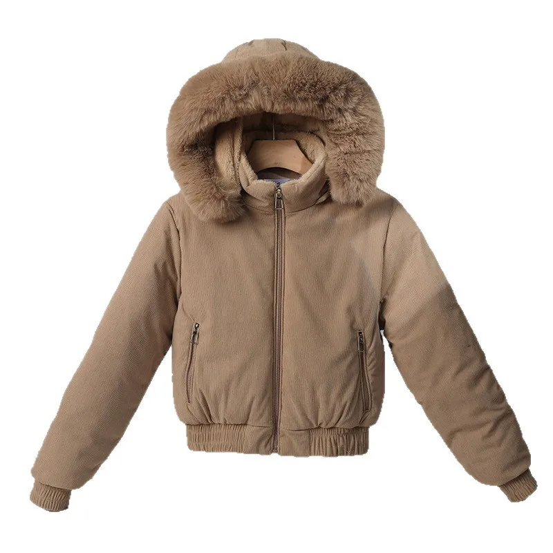 Hooded Parkas Coat Women Short Jacket Solid Zipper Big Fur Collar Pocket Slim Fit Thick Casual Office Lady 2025 Autumn Winter