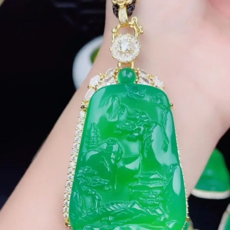 

MyanmarAJadeite Zhengyang зеленый стеклянный пейзажный кулон ледяной тип плавающий цветок амулет мира