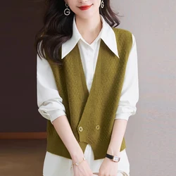 Women Korean Fashion Button Sleeveless Knitted Cardigan Simple Casual V Neck Irregular Sweater Vest Female Solid Loose Waistcoat