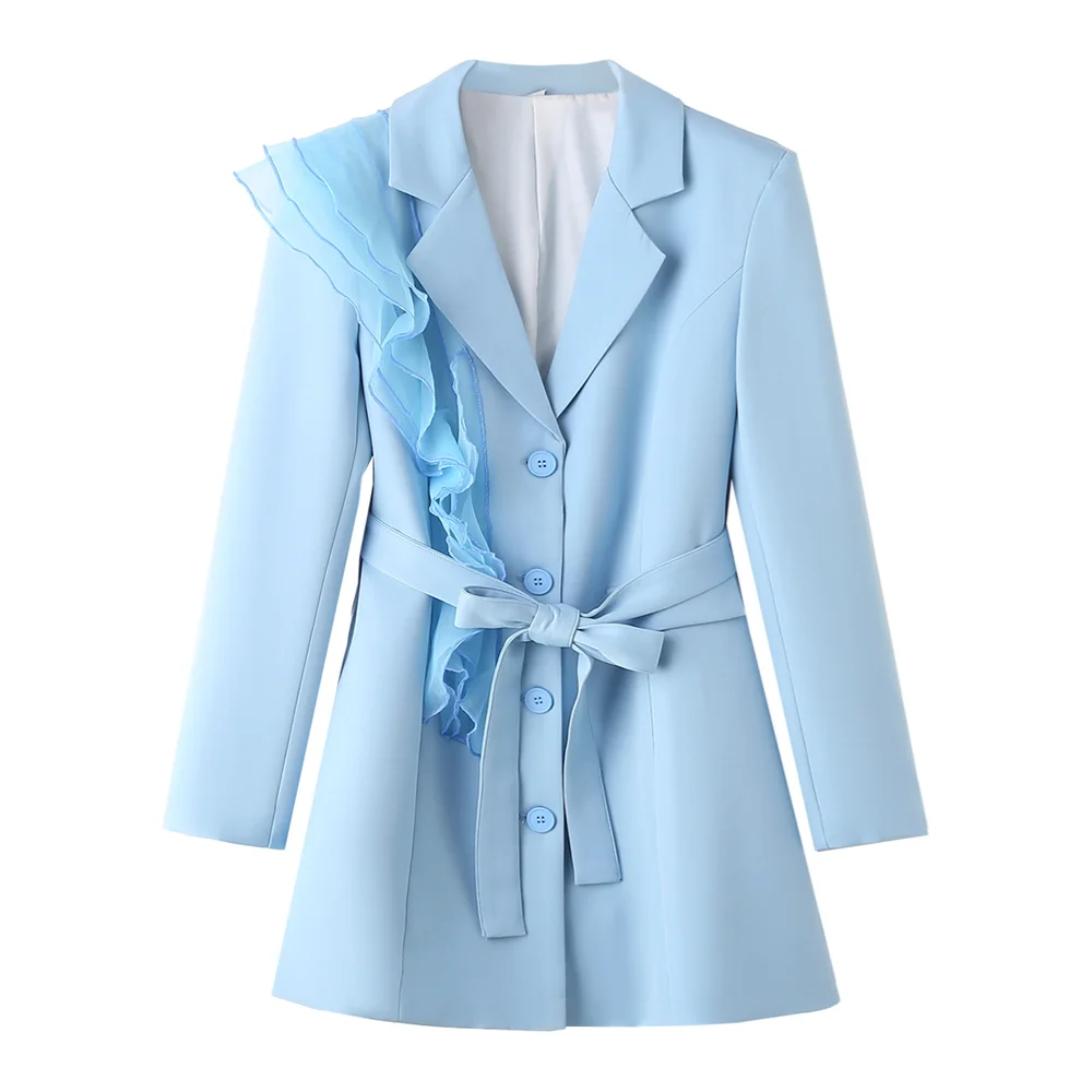 PB&ZA2024 autumn new women\'s clothing fashion temperament commuting solid color versatile blue patchwork organza jacket suit