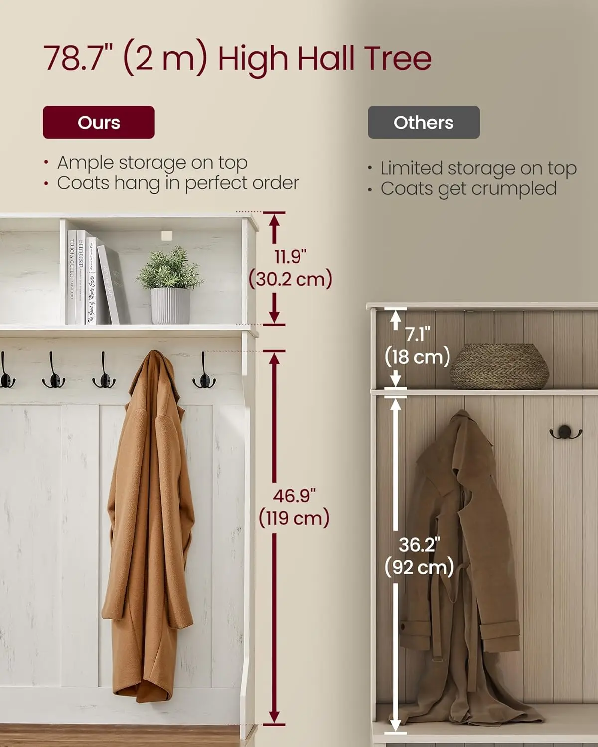 شجرة القاعة مع مقعد، تخزين الأحذية، 6 خطافات ثلاثية، باب منزلق، نمط المزرعة، أبيض ريفي وبني عسلي UHSR443W01