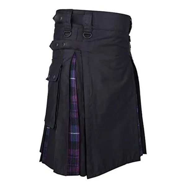 Plus Size Scottish Hybrid Cotton e Tartan Utility Kilts, couro Straps Kilts para homens, preto