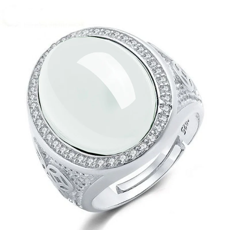 Top Grade Jade Oval Ring For Men Jewelry 925 Sterling Silver Men Wedding Ring With Shining Stones Hollow Coin Finger Accessories